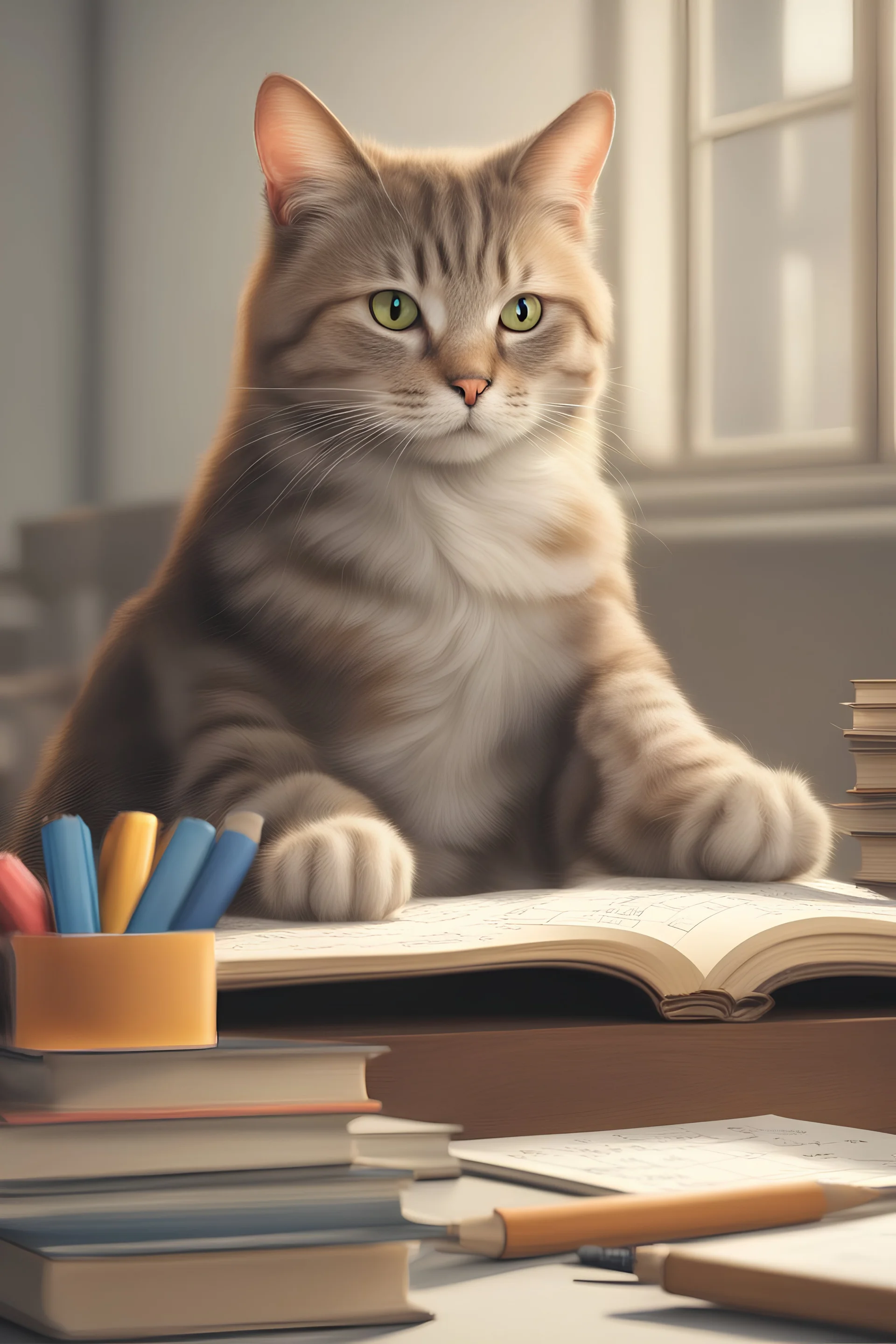 a cat teaching mathematics in university in photorealistic style