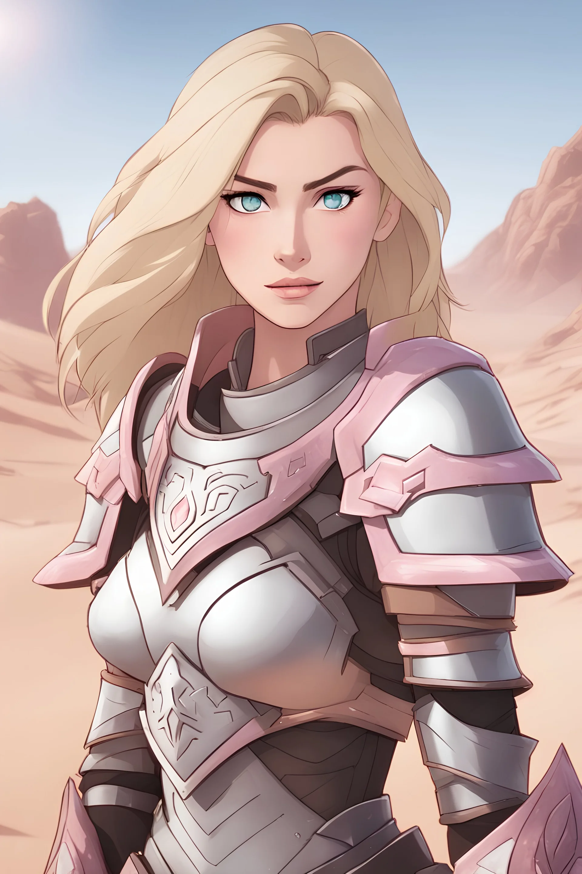 Woman with shoulder length blonde hair, pink eyes, wearing light barbarian armor, smirking, desert background, RWBY animation style