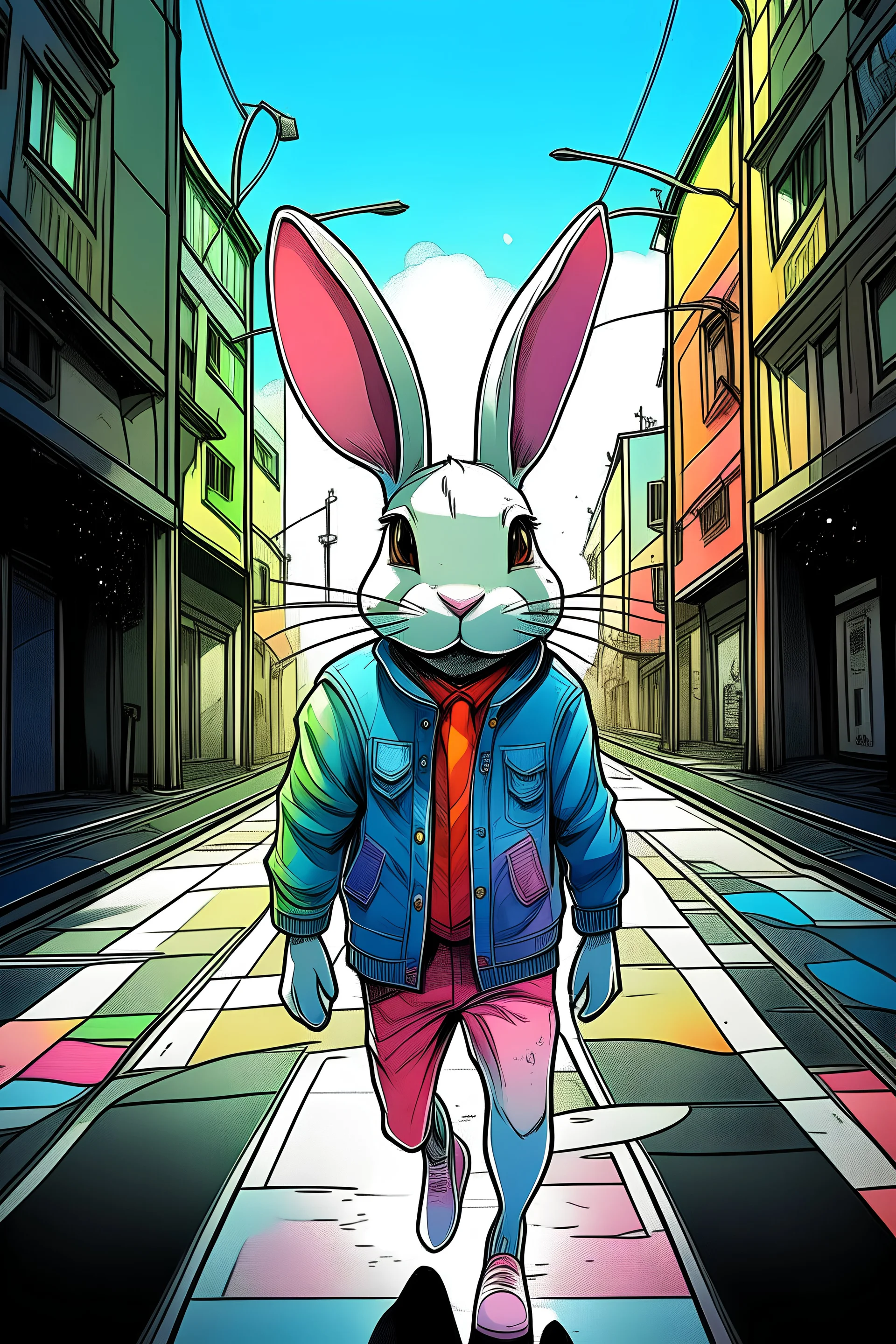 Anime illustrated cool elongated rabbit walking down street wearing a denim jacket, slender, long ears, cartoonist, eyes are half closed, hazy, stoned, pastel rainbow, pastel gothic theme, surreal fantasy illustration ,digital illustration, manga drawings, cartoonist, exaggerated,, optical art, symbolism, psychedelic, holographic, smooth, dadaism, chrome,