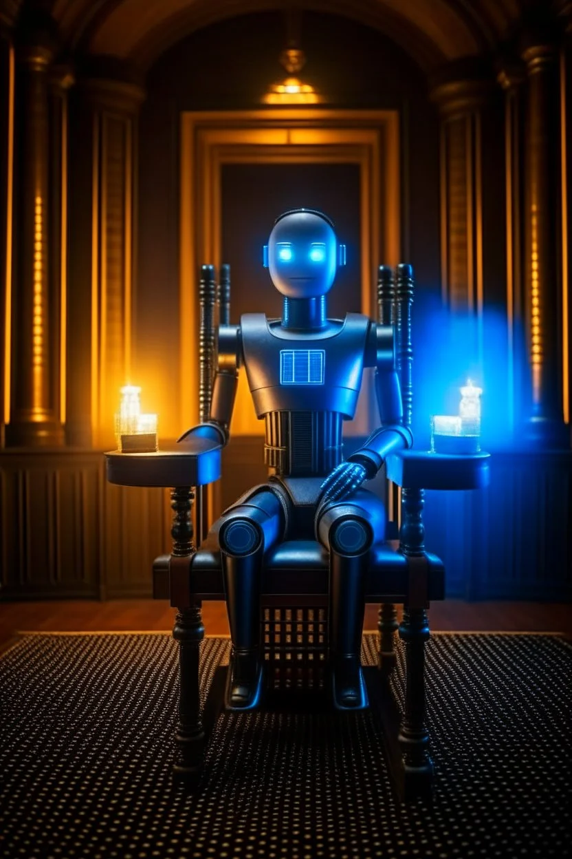 portrait of tron robot holding lotsa phones chatbot smoking a sigar on a throne in medieval castle, smoke, 4k, downlight, soft light, depth of field, photorealism