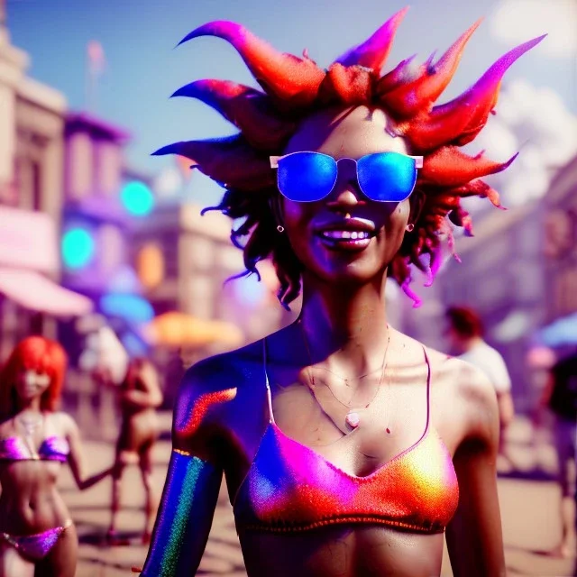 Ultra Realistic photo, medium shot view, drunken dancer bikini woman, carnival scene, monster hair, steampunk. Red hair, confeti, Sunglasses, smile, happy, festival, gradient color fog. highly detailed, concept art, unreal engine 5, ray tracing, RTX, lumen lighting, ultra detail, volumetric lighting, 3d, finely drawn, high definition, high resolution.