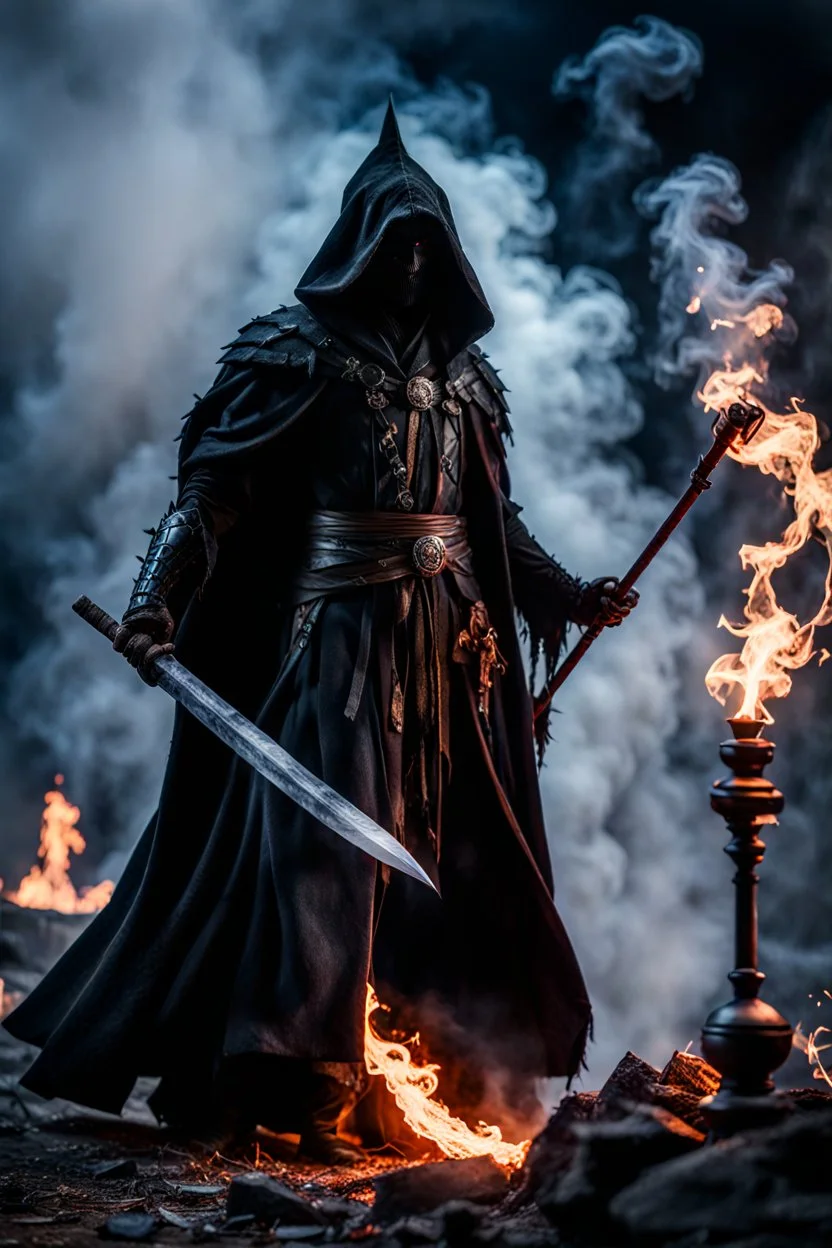 the bloody sorcerer known as The Shadow of Death weilding the staff of destruction. black rotting smoke. undeads in the background. fantasy art, Cinematic lighting, Volumetric lighting, Epic composition, Photorealism, Bokeh blur, Very high detail, Sony Alpha α7, ISO1900, Character design, Unreal Engine, Octane render, HDR, Subsurface scattering