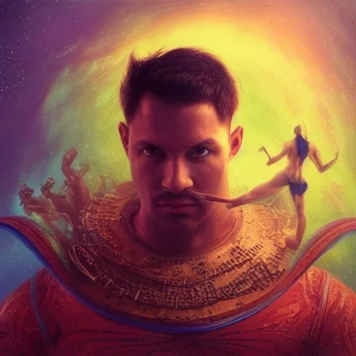 portrait, Arthur Kulkov, Russian, circus, male, ringleader, muscular, man, strong, detailed matte painting, deep color, fantastical, intricate detail, 8k resolution, concept art portrait by Greg Rutkowski, mystical colors, Golden hour, colorful galaxy foreground, lisa frank fantasy, neon pastel color palette, beautiful colorful interesting detailed storybook fantasy