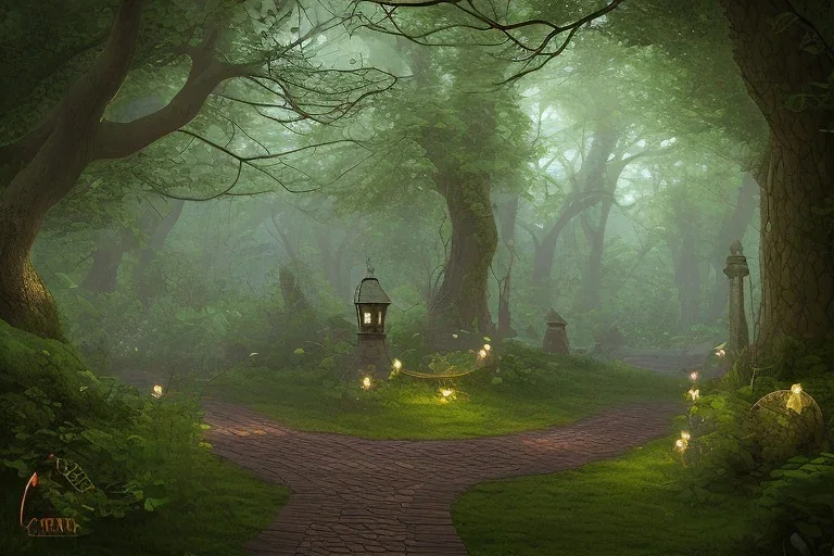 wooded forest cobblestone path lantern