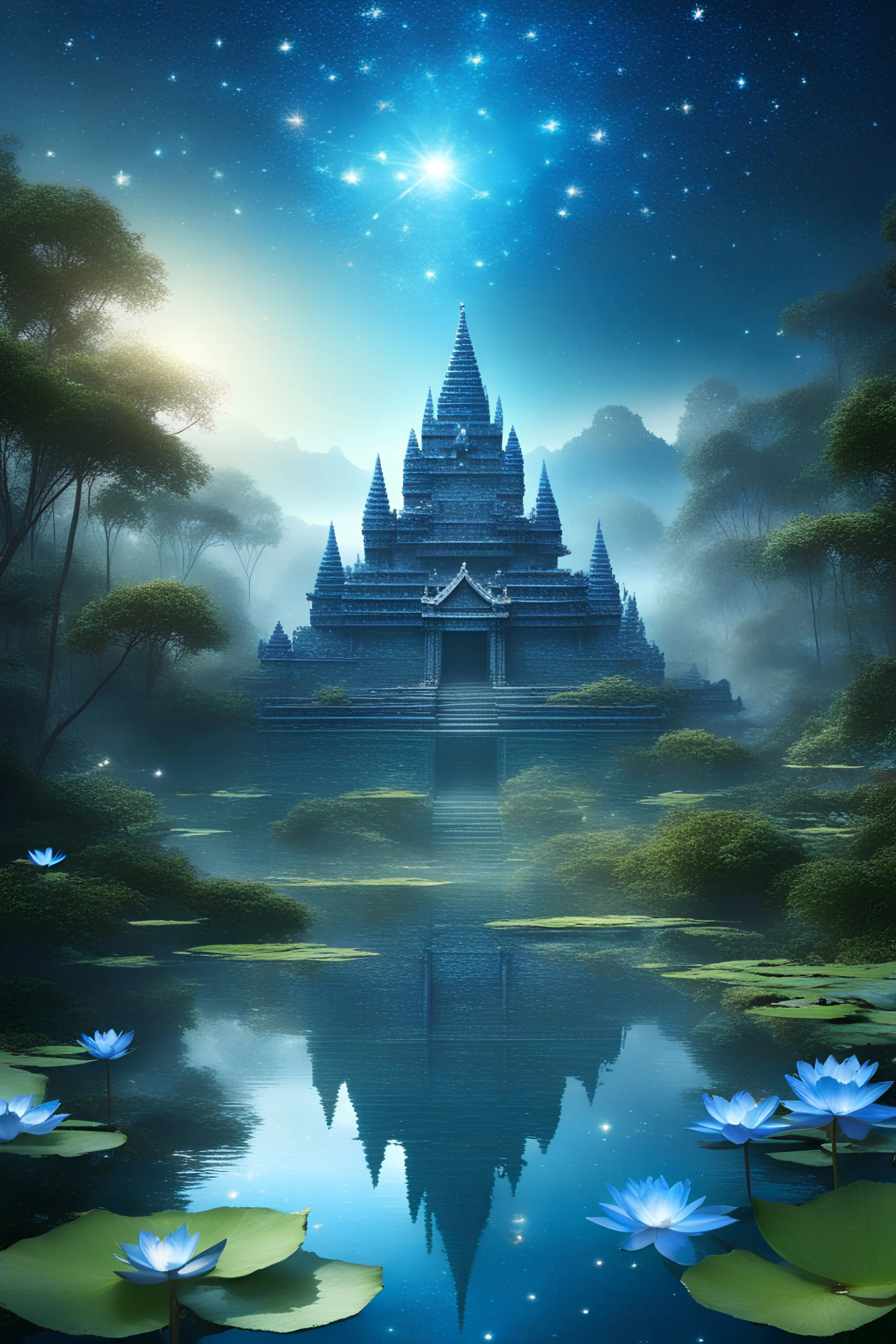 lost temple aztec of a magic lake full of lotus flowers and fairytale castle in the background with sparkling white stars tiny electric blue butterflies