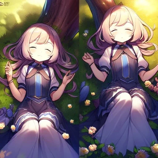 anime girl sleeping in a field of flowers, under a weeping willow tree, with a btterfly on her nose, zoom out