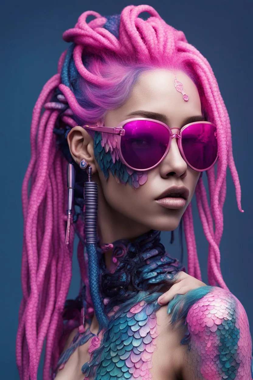 entire body mermaid cyberpunk some fish scales on face pink and indigo hair dreadlock sunglasses