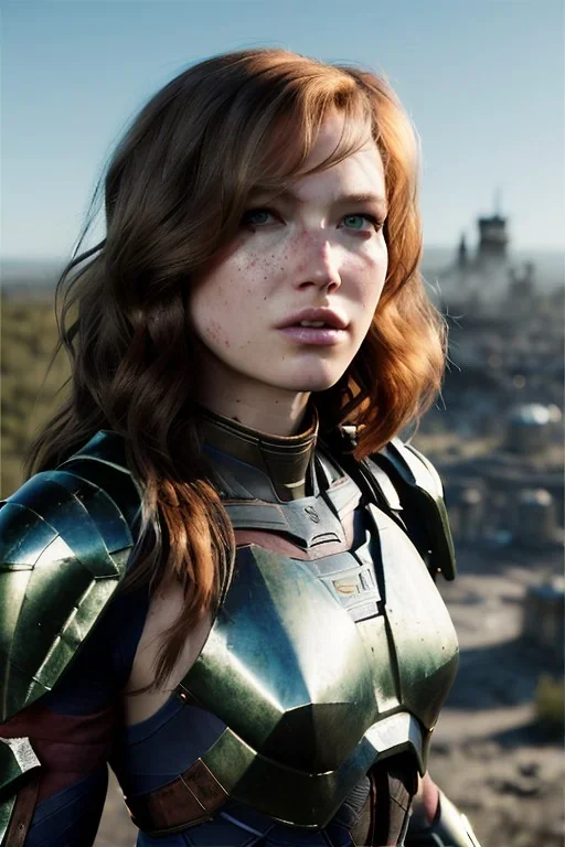 ultrarealistic, ruined city,__skimpy sci-fi armor__, __angles__, 18 year old woman, strikingly beautiful,ginger hair, _colour_, [__starlets__|__starlets__], (pale __skincolor__ skin:1.2), __camera__, _hair_, detailed face and eyes, medium breasts, leather choker, freckles, dynamic pose, resolved expression, __accessory__, strappy outfit, (straps:1.1), sword in scabard on left hip, (buckles, buttons, snaps, rings:1.0), haltertop style breastplate, detailed eyes, plump lips, sci-fi theme