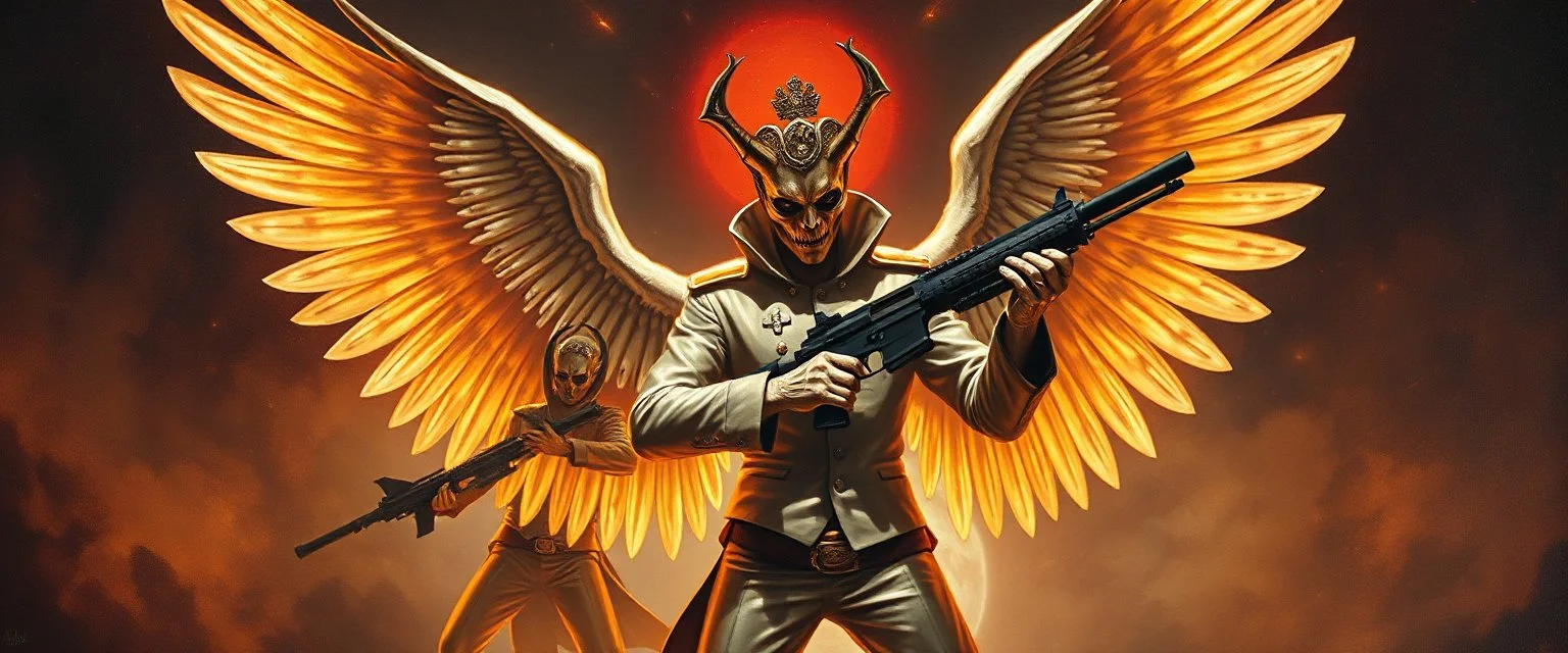 master oil painting by Rembrandt, angel Nephilim alien Elvis fascist watchers glistening uniform with insignia, dancing weapon dance in messed up space ship, in the style of Giger