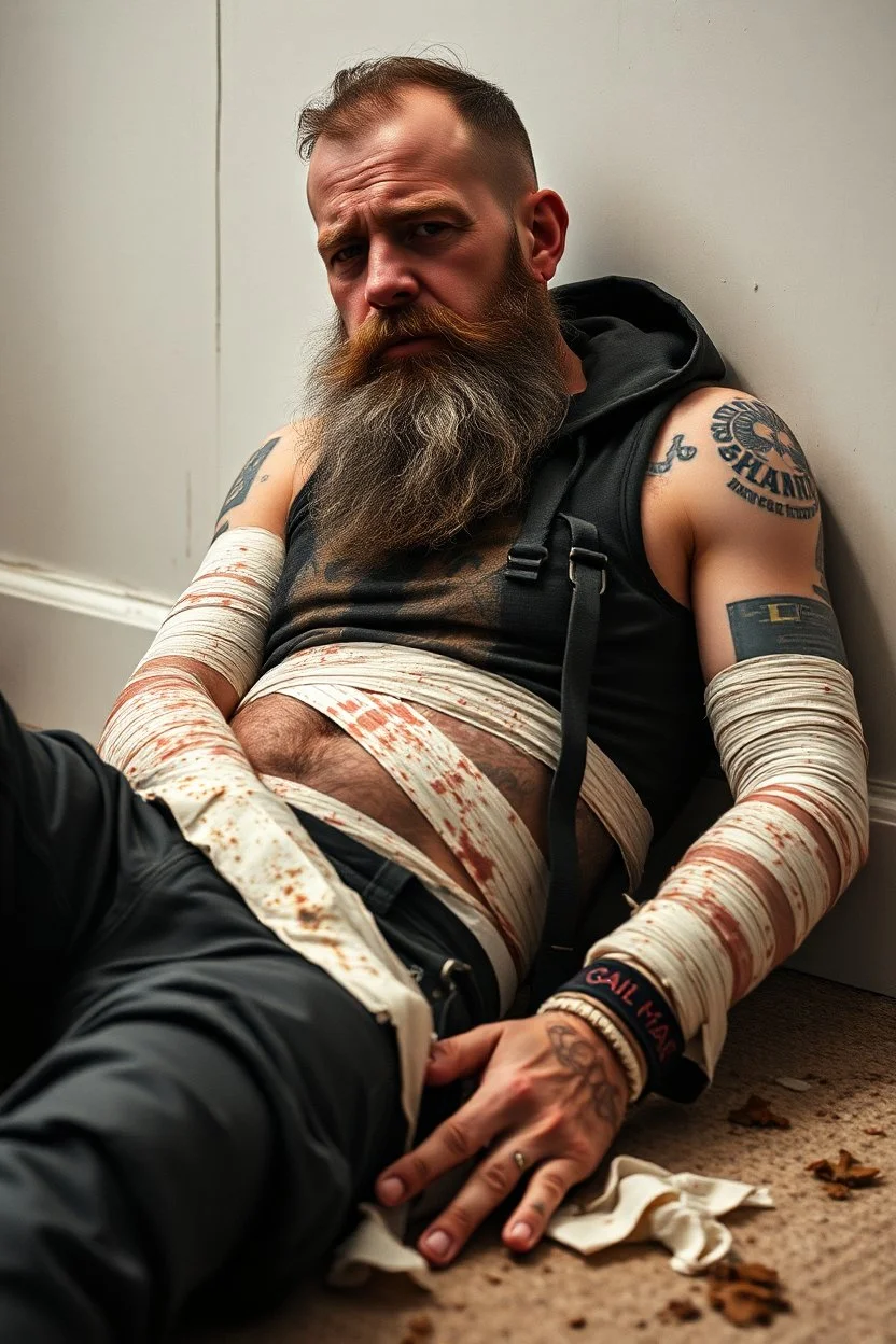 a very sad hurt swedish motorcycle gang man with beard, he is covered all the body with bandage and are in deep pain, bandage all over him, cripple, lying on the floor
