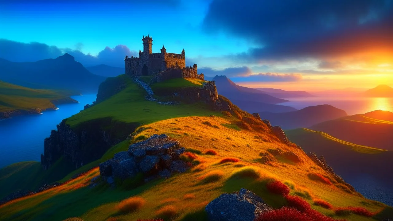 low-level shot of a ruined fantasy castle overlooking a valley, on a cliff top, after sun down, clouds glowing