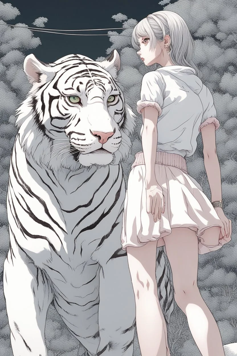 junji Ito ~ shintaro kago ~ apollonia saintclaire ~ saturno butto ~ anime woman posing. standing next to giant fierce white tiger. anime style alluring. cute, amazingly girly. Cute. anime girl. unrealistic feminine anatomy, very feminine pose. Gorgeous features . Hyper detailed. High definition. Anime style. HDR. 8k. This contrast between the fantastical character and the more bold color scheme and elements gives the piece an intriguing narrative quality. painted realism, photorealistic, fantasy