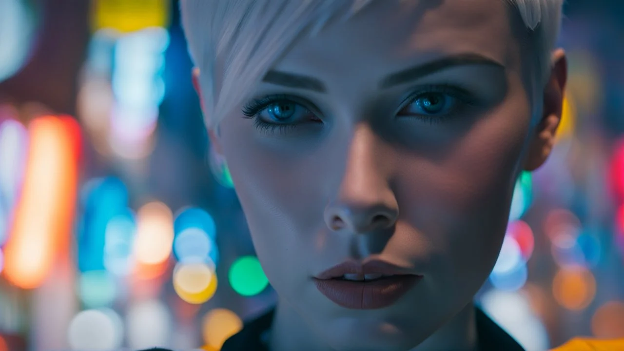 portrait of human android Anita, 25 years old female, short white hair, neat hairstyle tied back, white albino skin, shiny neon blue eyes, big eyes, many freckles on her face, with a blue blure glowing tattoo on her neck: , nice, kind and friendly face, blur background with neon lights