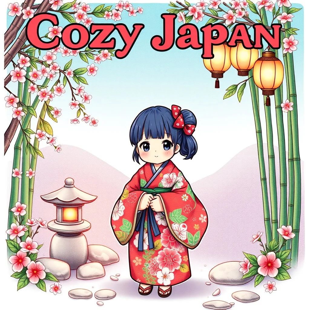 Create a book cover for Cozy Japan Coloring Book featuring a charming Japanese girl in a vibrant, floral yukata as the central figure. She is surrounded by cozy, peaceful elements of traditional Japanese scenery—such as falling cherry blossoms, a small stone lantern, bamboo groves, and paper lanterns softly glowing above her. The setting is tranquil and colorful, evoking a warm, inviting atmosphere of everyday Japanese charm. Illustration in vivid color style with delicate textures, soft lightin