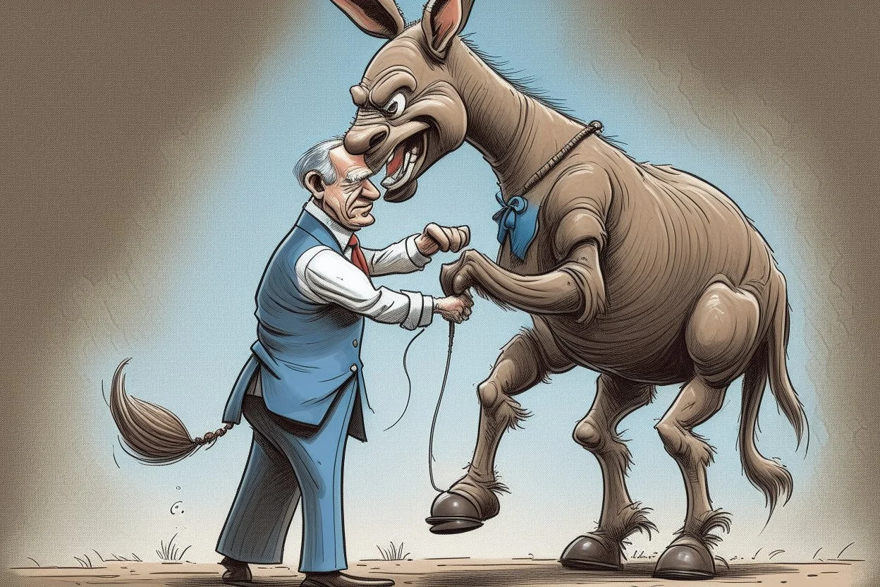 an evil puppetmaster forcing the democratic donkey to fight the republican elephant