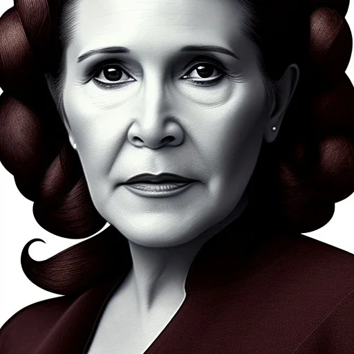 half-length portrait, three-quarter face pose of carrie fisher as Princess Leia with photo realistic fine and very simple short hair, entrancing deep brown eyes, eos5d mark 4, ef 85mm 5.6, Intricate, High Detail, Sharp focus, realism, beautiful and detailed lighting, by Annie Leibovitz