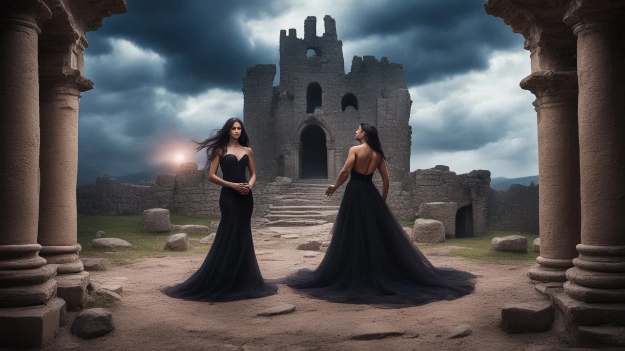 Hyper Realistic photographic-view of an extremely-Handsome-Muscular-Man In Black-tuxedo & beautiful-woman-with-long-black-hair-&-black-gown both-getting-romantic in the middle of an ancient-prehistoric-castle-ruins with wedding-setup & UFOs on cloudy-maroon-sky with thunderstorm giving it a dramatic & cinematic ambiance