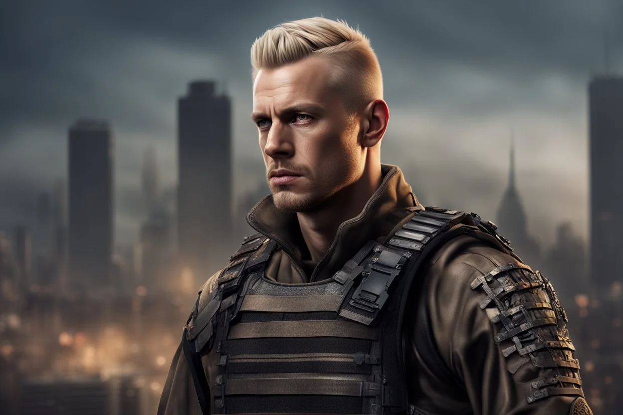 photorealistic portait of henry cavell as mercenary with blonde undercut tribal tattoos wearing modern mercenary uniform cityscape