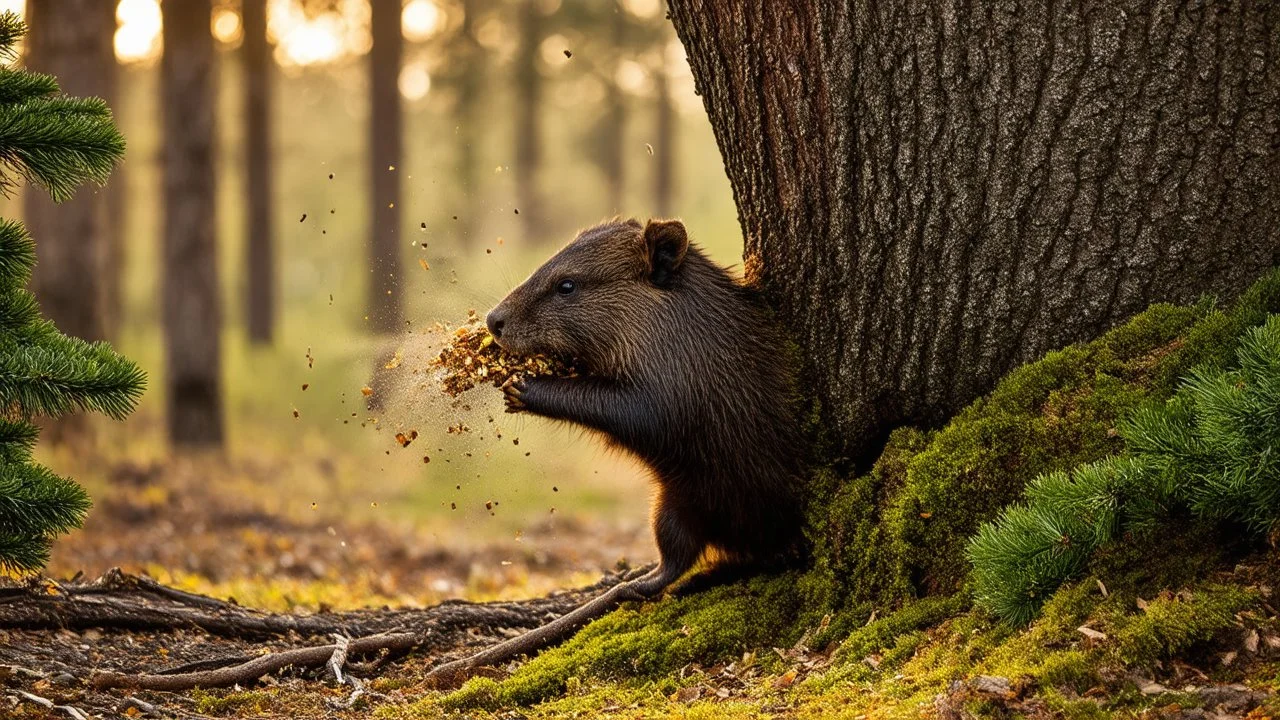 A determined beaver gnawing through the thick base of a towering pine tree, (hyper-realistic fur texture:1.3), wood chips flying, intense focus in its eyes, (golden hour sunlight filtering through dense forest:1.2), dramatic low-angle shot, the tree beginning to tilt precariously, (chain reaction of falling trees in background:1.4), splintering wood, airborne debris, dynamic motion blur, rich earthy tones, moss-covered forest floor, highly detailed bark textures, cinematic lighting, volumetric f