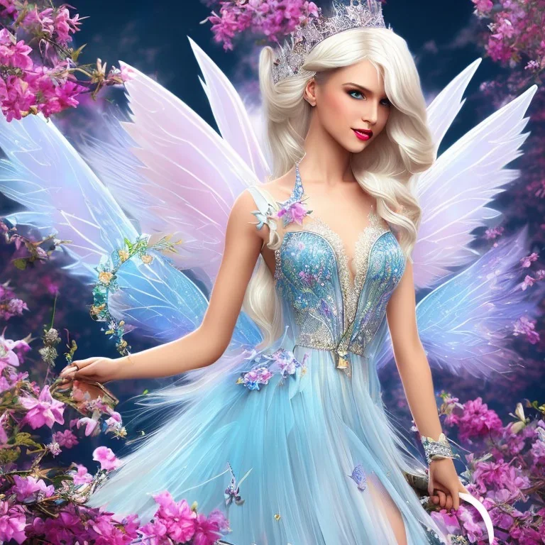 Fantasy fairy with transparent wings, smiling, make up, long platinum blond hair with crown and flowers, blue dress, flowering background