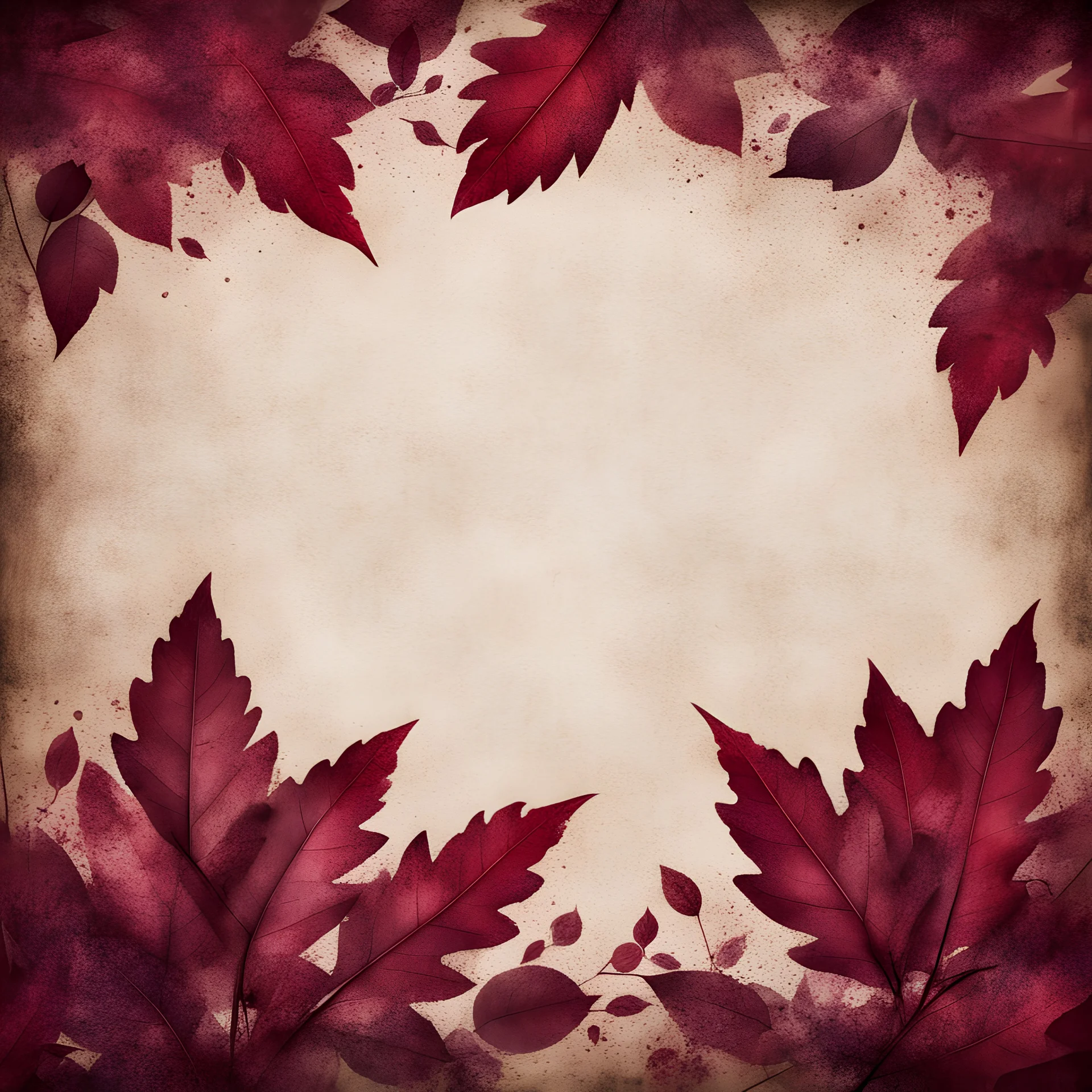 Hyper Realistic small maroon leaves border & rainbow multicolor maroon grungy rustic texture with vignette effect