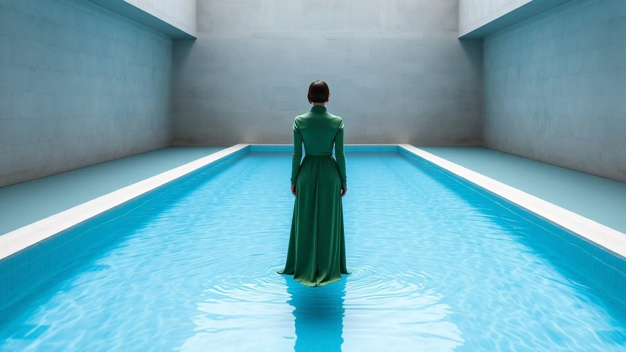 a woman standing in the middle of a rectangular swimming pool. The pool is made of concrete and has a blue-green color. The water is crystal clear and appears to be reflecting the light from the ceiling. The woman is wearing a long, flowing green dress with a high neckline and long sleeves. She is standing with her back to the camera, facing away from the camera. The walls is peaceful and serene.