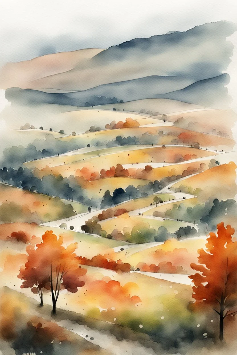 Autumn Czech valley in the rain. - Watercolor and watercolor painted style - Jenna Rainey style