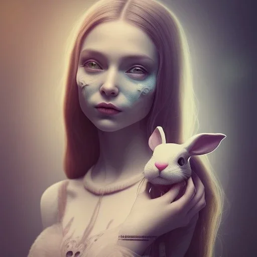 a cute smiling girl holding her toy bunny, tattoo in her face, michelangelo oil painting, steam punk, scary, horror, realistic, made in octane, cinematic, ultra-realistic, extremely detailed octane rendering, 8K, VRAY Super Real ar 2:3, dof photorealistic futuristic 50mm lens hard lighting dark gray tintype photograph, realistic lighting, sephia colors