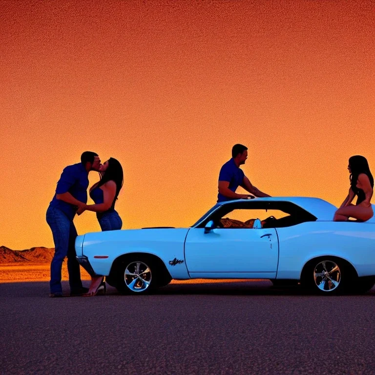 muscle car, man and woman kissing, desert road, sunset, full colour,