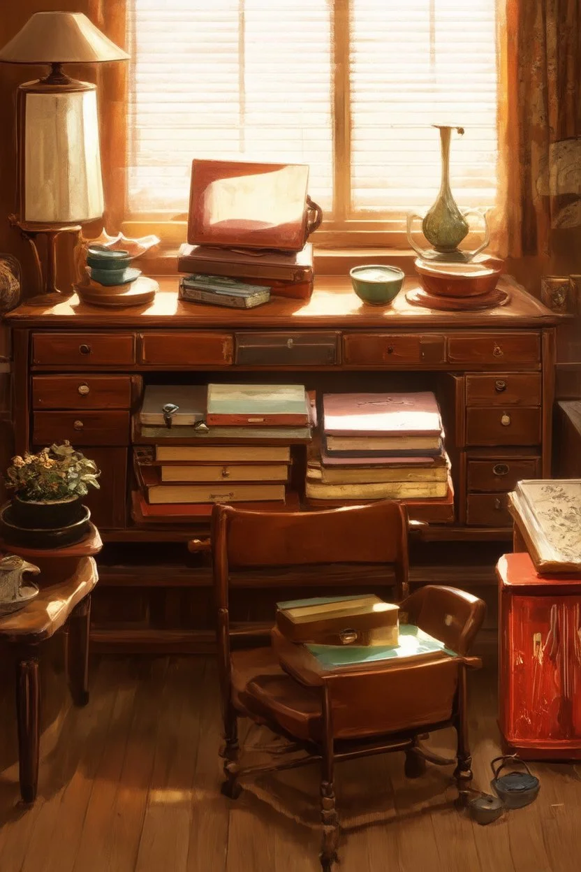Very old stuff in a room, wide angle view, nostalgia, '50 style, realistic rendering