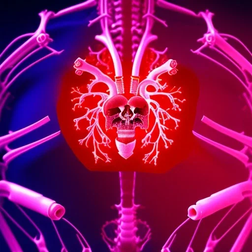 human heart realistic cyberpunk rib bones neon shining, dark red tones,