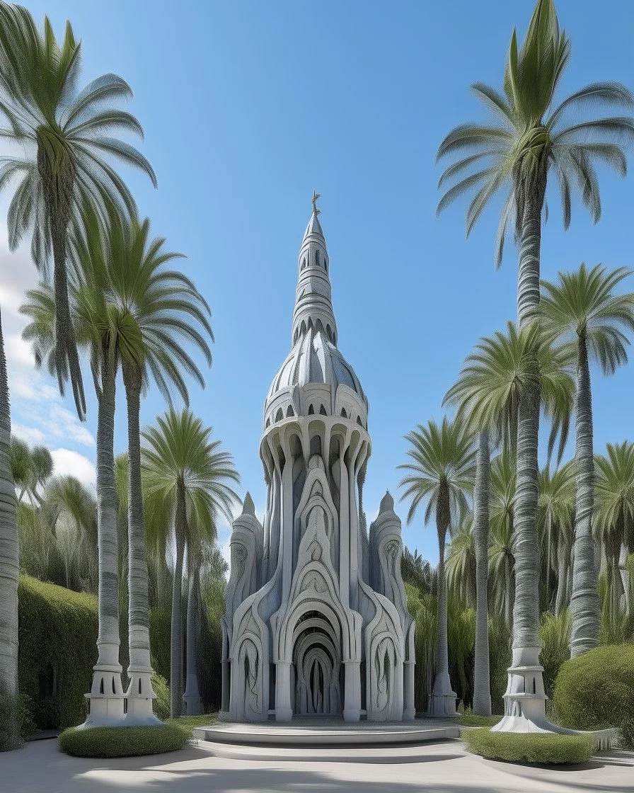 A light gray oasis with tall palm trees designed in Hawaiian tiki statues painted by Antoni Gaudi