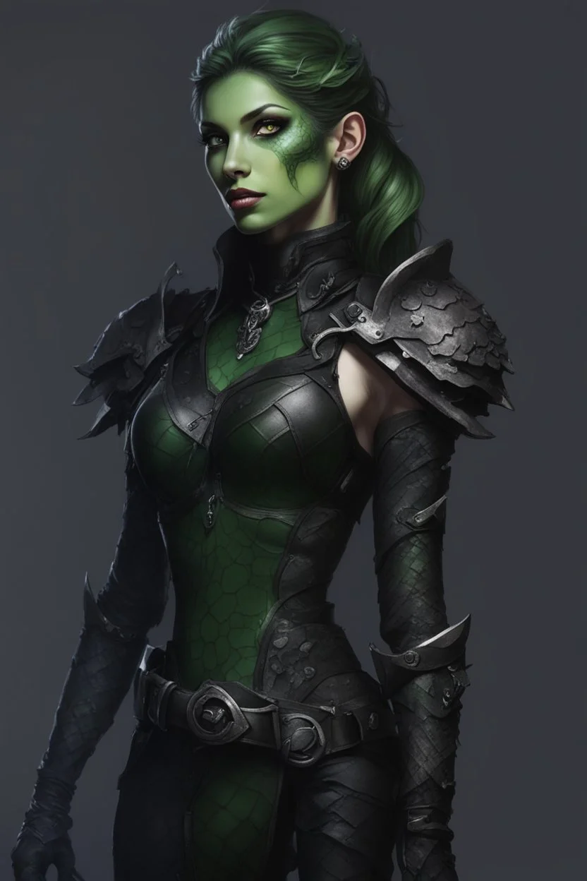 female snake humanoid, green scales, wearing a black leather armor, dungeons and dragons