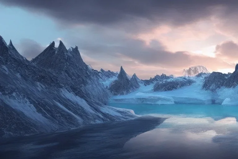 highly detailed glacial lake landscape, sunset, cinematic lighting, 4k, 8k, octane render, digital concept art, trending on artstation, pinterest, extremely detailed, ambient lighting, single frame