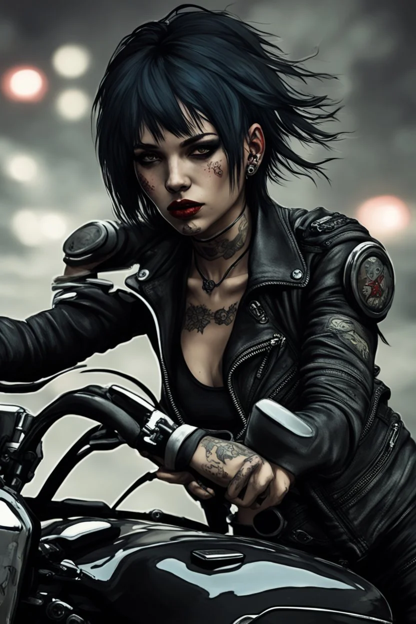 scarred cyberpunk vampire girl with tribal tattoos short cropped cyberpunk hair riding a black cafe racer motorcycle in a post apocalyptic wasteland at 3 am