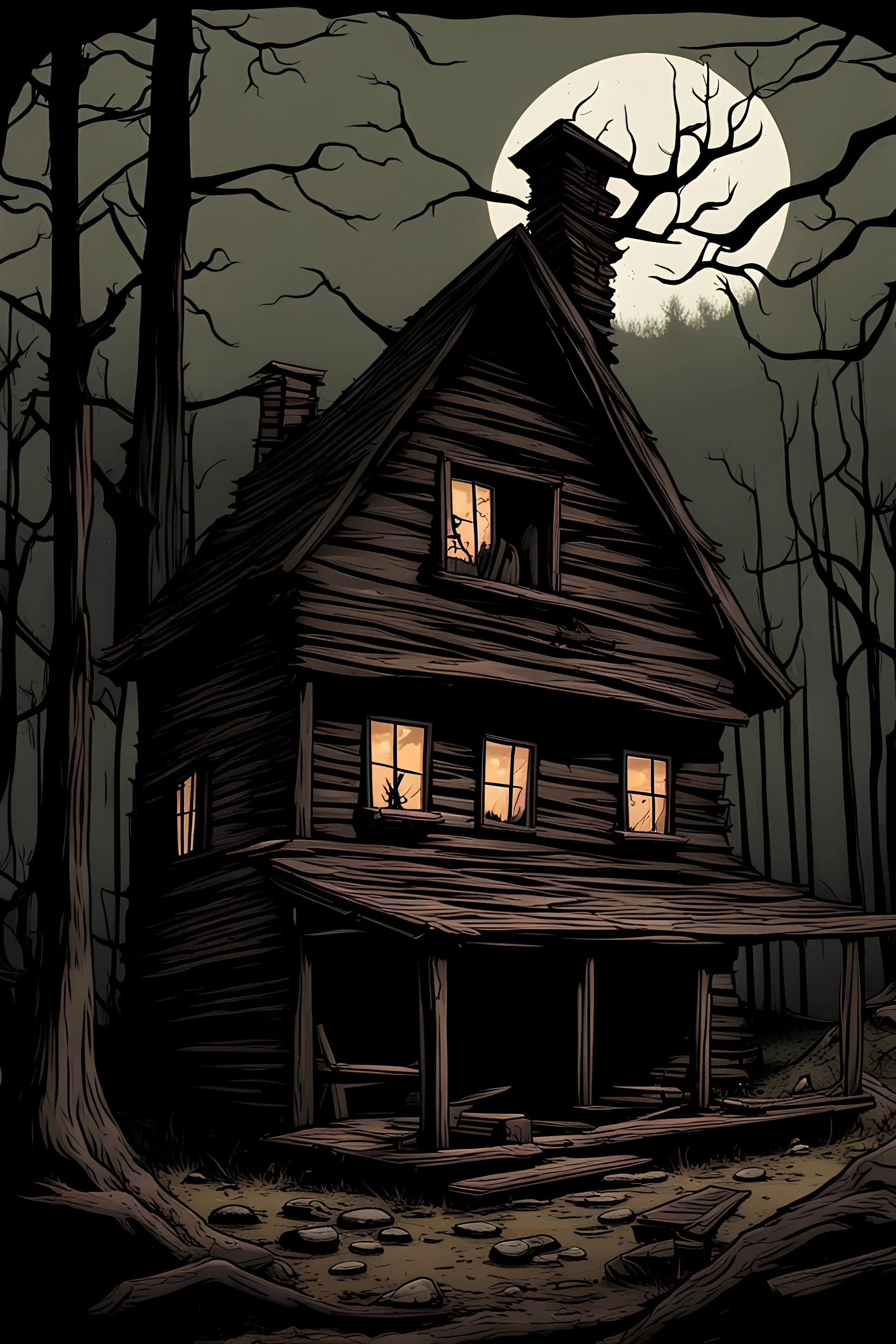 A imagine of an eerie cartoon-style abandoned cabin in the woods, haunted, scary, horror, evil dead