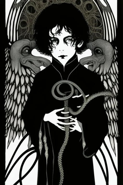 7 year old boy, necromancer, friendly, looks dead,with a lamprey serpent , wearing black robes, in the style of Harry Clarke