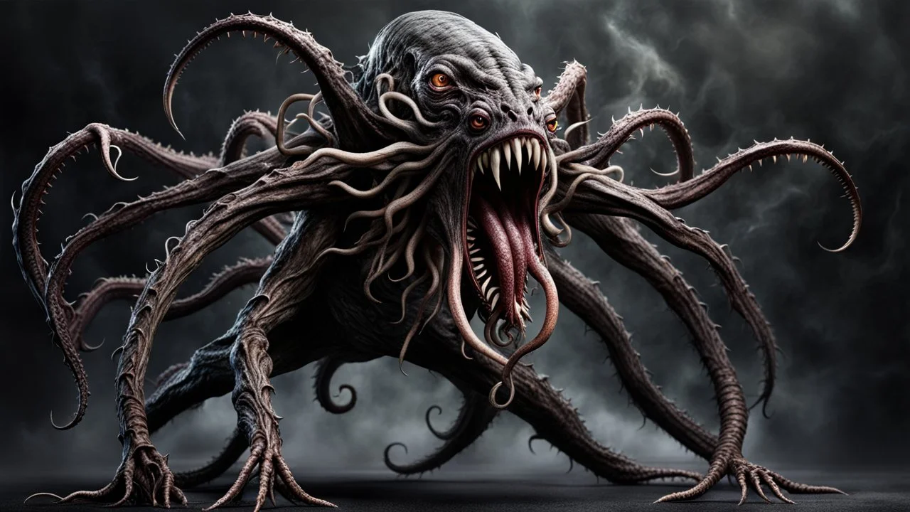 looking to camera a aggressive fantasy monster with many tentacles, dynamic pose, scary creature without face and without eyes, with big mouth, full length, full body without legs, very detailed, intricate insanely, Hyperrealism, photorealistic, natural volumetric light, dark fantasy style, photo style