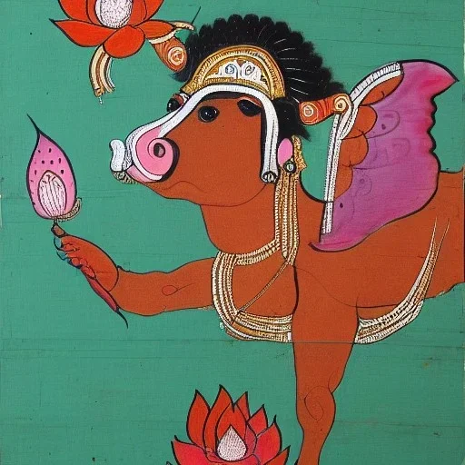 cow with hands and wings holding a lotus in Indian painting style