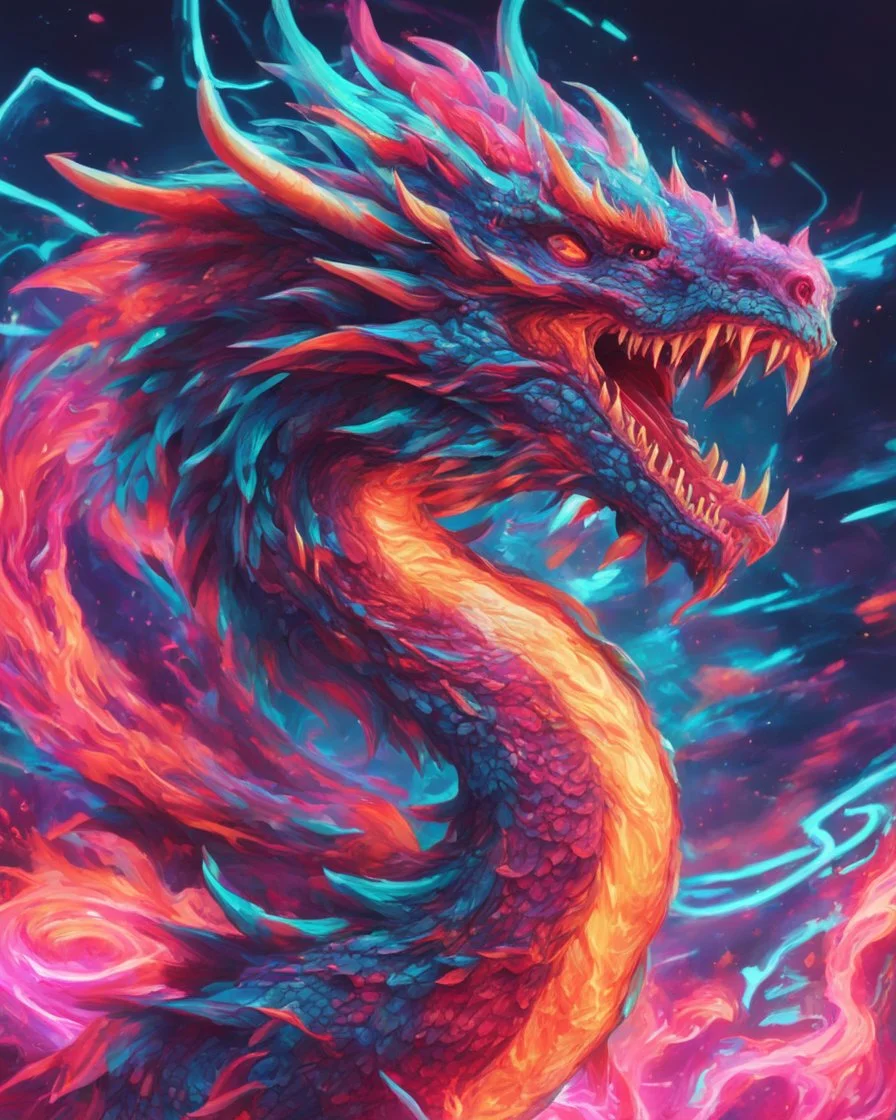 Close up shot, Dragon in a vibrant synthwave dreamscape, neon chaos swirling energetically around pixelated forms, a dynamic fusion of retro gaming nostalgia and futuristic abstraction