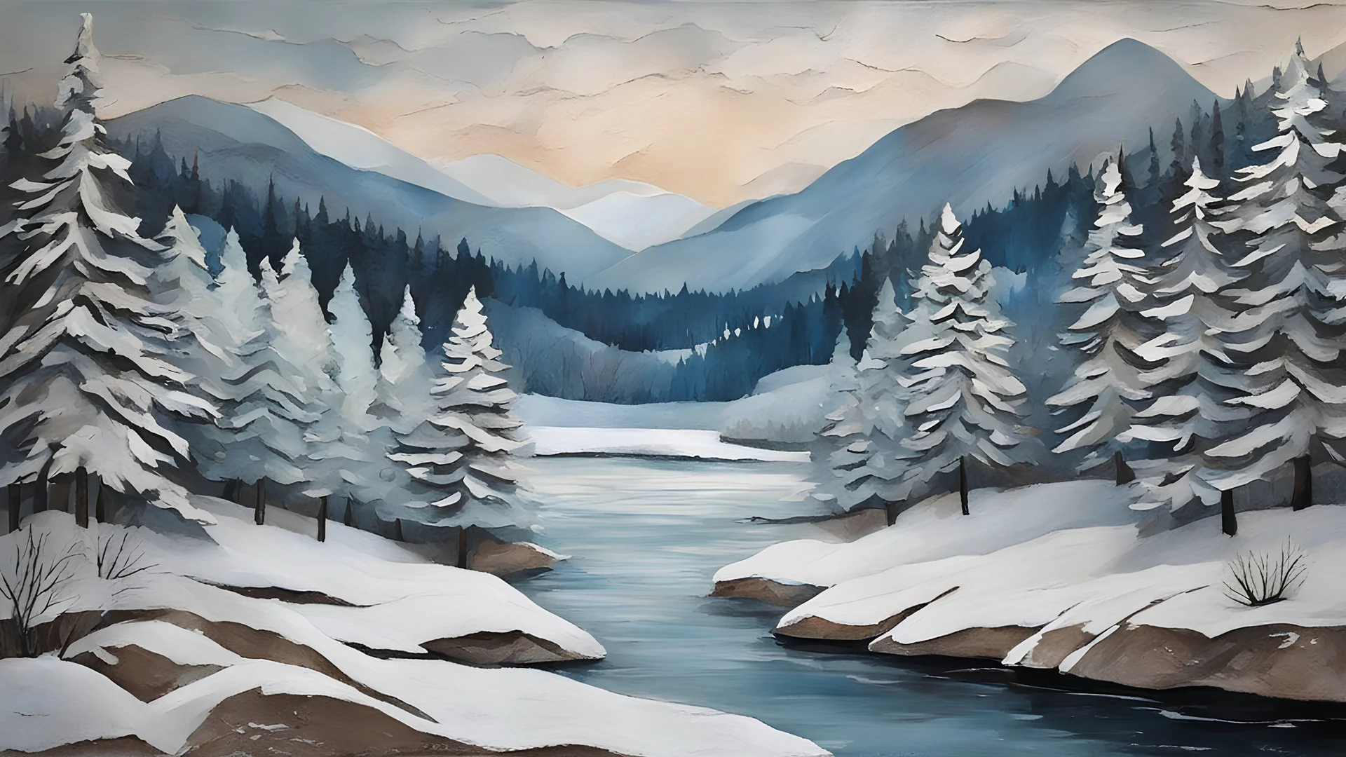 Papier Mache, paper layers, muted color, a magical winter landscape with a lakeshore