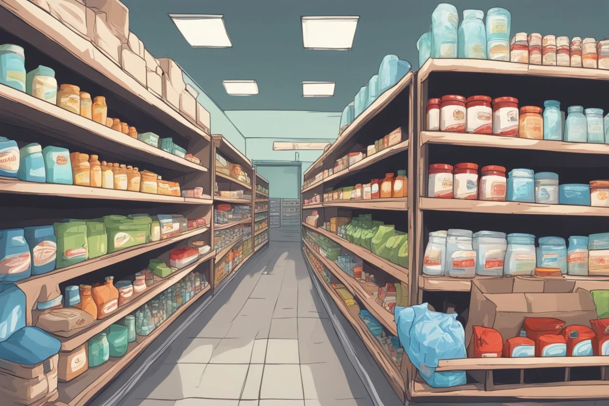 can you please generate an image of supermarket in a refugee camp that sells imported goods like clothes, bottled water, cleaning products ect