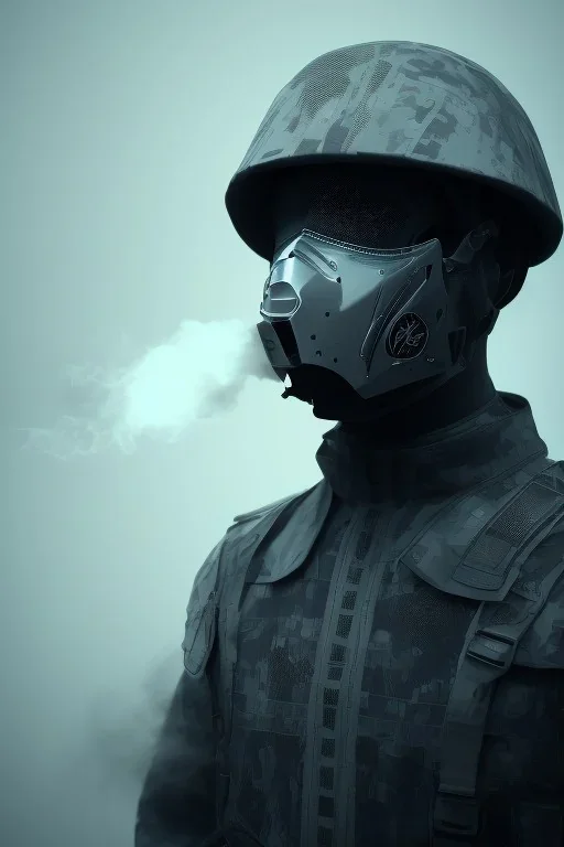 All Black british soldier, ghost, wearing high tech mask, white smoke, dark, rage, sorrow, high definition, ultra 8 k, volumetric lighting, blue fire, fog