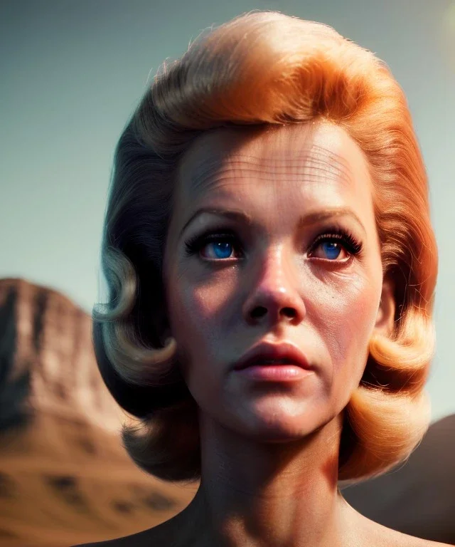 Ultra Realistic retro sci-fi movie, classic ovni levitating, 1960 year, waist up view portrait, a super giant blonde woman, sweet teenager Jane Fonda face, perfect iris, glow eyes, face makeup, tight latex coat, many people, Retro sci-fi style, soft color, highly detailed, unreal engine 5, ray tracing, RTX, lumen lighting, ultra detail, volumetric lighting, 3d, finely drawn, high definition, high resolution.