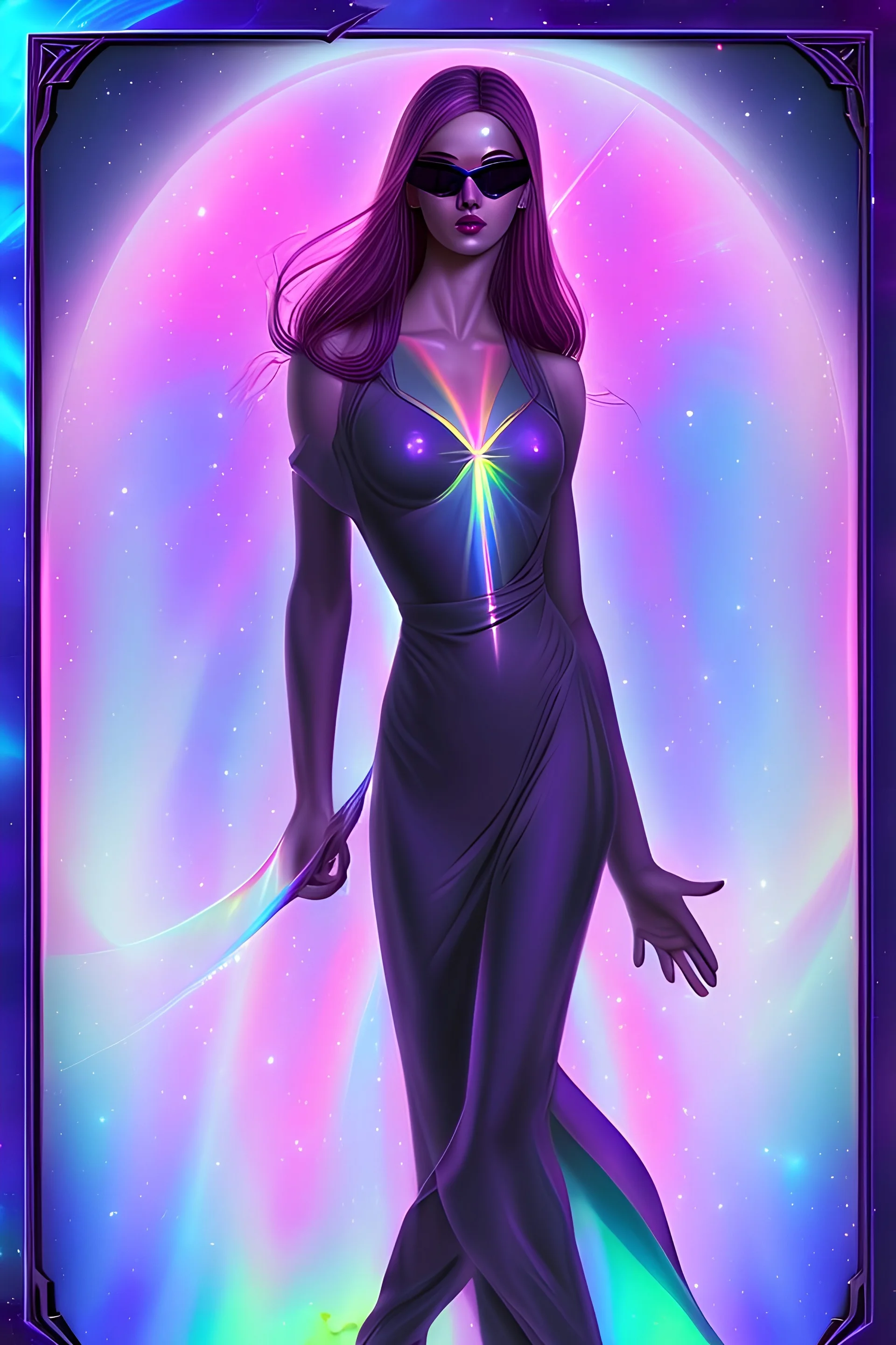 777 wonderful pleiadian secret sensual agent with sunglasses and rainbow aura and violet shape-hair and symbol