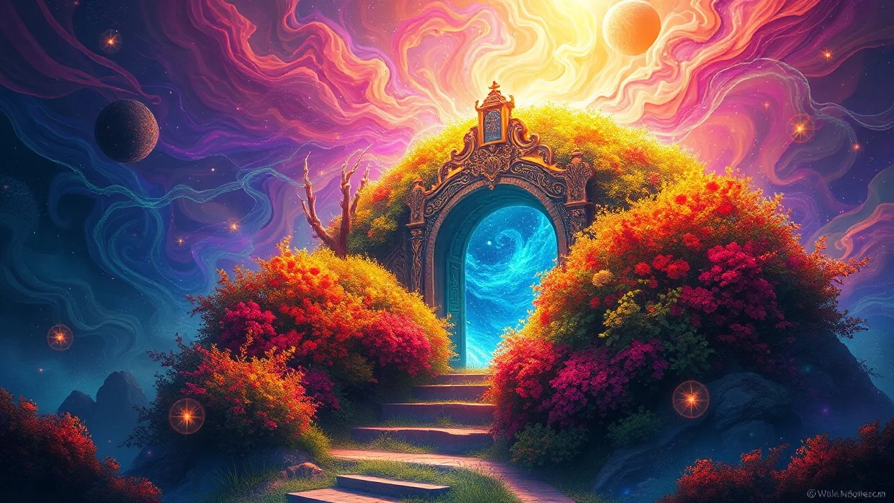 A surreal digital illustration, showcasing an elaborate portal nestled in a vibrant bush, surrounded by swirling mystical energy and sparkling particles,