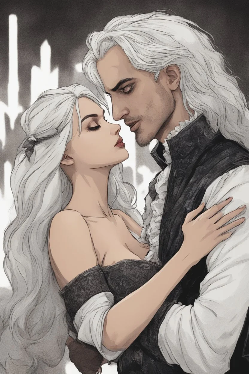 Strahd Von Zarovich being kissed on the neck by a beautiful woman with white hair, wearing an off the shoulder dress. Settling and background are a lavish toomb with an ebony coffin.