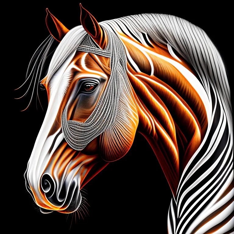 Horse Palomino front view symmetrical design front view ink art orange cream white and black hyper-detailed realistic 8k