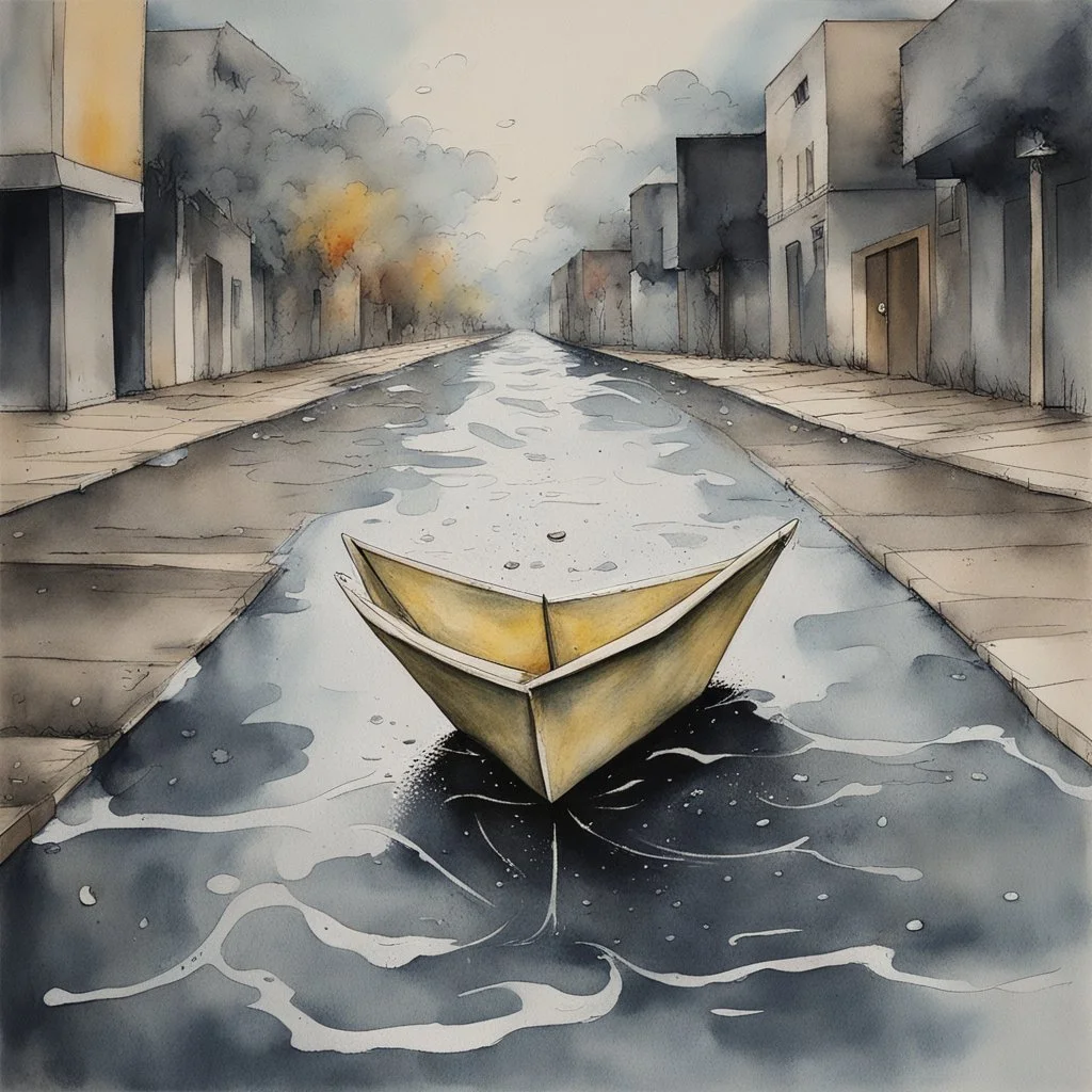 Close up of a simple paper boat floating on rainwater runoff down a suburban street toward a storm-drain on sidewalk, watercolor and ink painting with loose brushstrokes, dark background, dramatic, beautiful, unsettling, eerie, minimal, by Roberto Matta