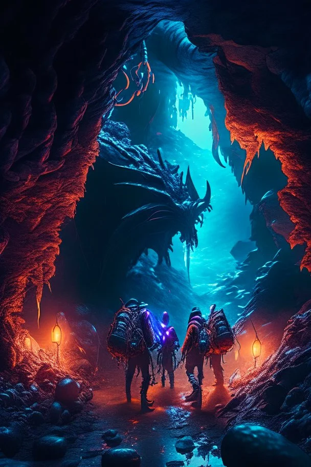 hyper realistic fantasy apocalyptic survivors narrowly navigating the dangerous creatures underworld caverns: vibrant, vivid, breath taking, ominous, surreal, ambiance, atmospheric, centered photo, Intricate 8k Textures, Hyper realistic, stunning realistic photograph, 3d octane render, trending on artstation, Centered realistic cover photo, Hyper Realistic, awesome, full color, dark, Ultra high definition, cinematic, neoprene, masterpiece, ultra sharp focus, Unreal Engine 5, Nanite, even, unifie